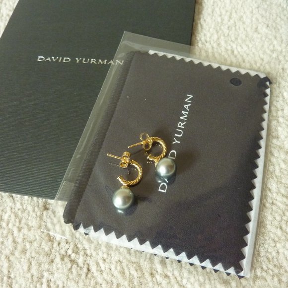 DAVID YURMAN 18K Gold 'Solari' Grey Pearl & Diamond Hoop Drop Earrings (NEW) - Picture 8 of 12
